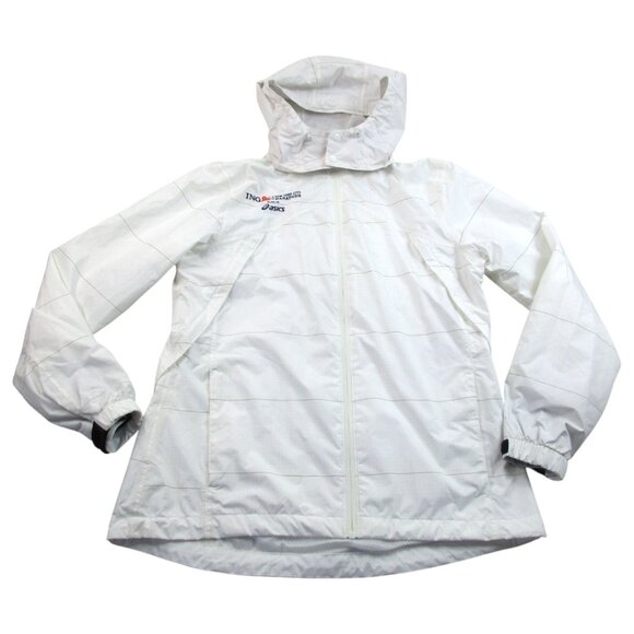 Asics New York City Marathon Jacket Womens 12 White Windbreaker Hooded Full Zip‎ - Picture 1 of 16